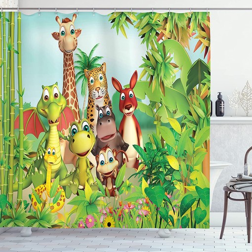 Jungle Animals Cartoon Shower Curtain, Giraffe Tiger Snake Dinosaur Hippo Monkey Print in Green Bathroom Decor