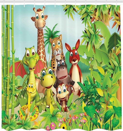 Jungle Animals Cartoon Shower Curtain, Giraffe Tiger Snake Dinosaur Hippo Monkey Print in Green Bathroom Decor - Image 2