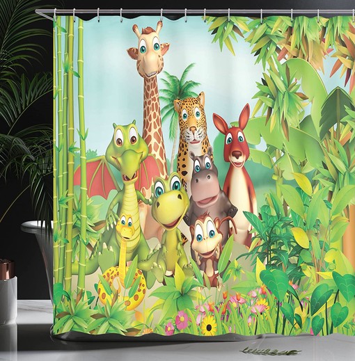 Jungle Animals Cartoon Shower Curtain, Giraffe Tiger Snake Dinosaur Hippo Monkey Print in Green Bathroom Decor - Image 3