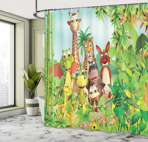 Jungle Animals Cartoon Shower Curtain, Giraffe Tiger Snake Dinosaur Hippo Monkey Print in Green Bathroom Decor - Image 4