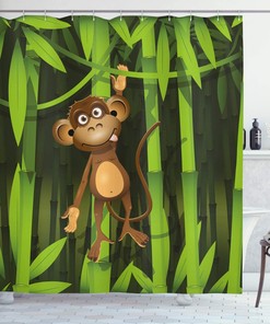 Jungle Monkey Fabric Shower Curtain, Wildlife Illustration Print, Bathroom Decor, Home Decor Brown/Green