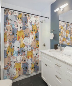 Kawaii Cats Shower Curtain with Chibi Cats Print, Cute and Quirky Bathroom Decor