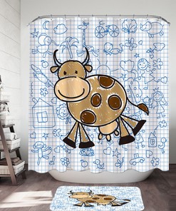 Kids Cow Drawing Shower Curtain for Fun and Adorable Bathroom Decor