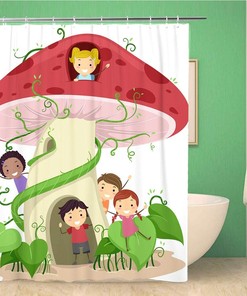 Kids Playing in Mushroom Shaped House Cartoon Shower Curtain - Children Bathroom Decor
