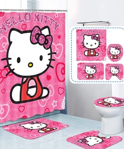 Kitty Cartoon Shower Curtain with Bathroom Accessories Set for Bathroom Decor