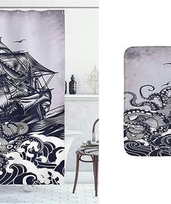 Kraken Octopus Bundle Nautical Shower Curtain Set Blue Ocean Waves Bathroom Decor
