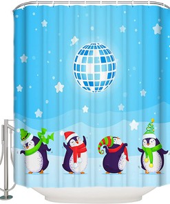 Light Ball Christmas Penguins Pentagram Blue Texture Shower Curtain - Waterproof Fabric for Bathroom Decor
