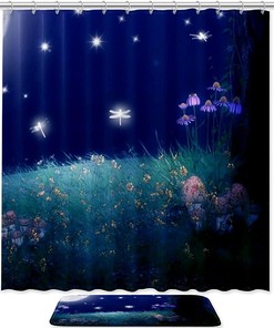 Light Dragonfly Flowers Bathroom Shower Curtain - Waterproof Fabric