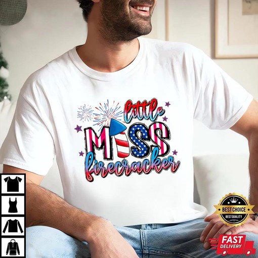 Little Miss Firecracker 4th Of July Tee with Firework and Firecracker Design - Image 2