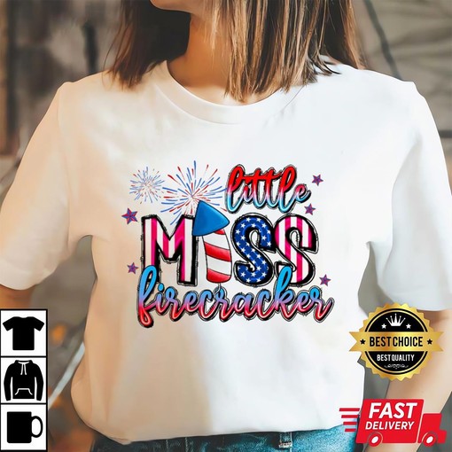 Little Miss Firecracker 4th Of July Tee with Firework and Firecracker Design - Image 3