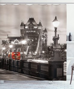 London Bridge Shower Curtain, Famous City Urban Life Scenery Print Bathroom Decor, Taupe Grey Red