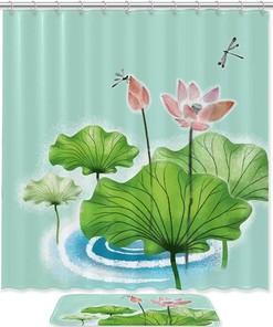 Lotus Dragonfly Chinese Shower Curtain for Delicate Bathroom