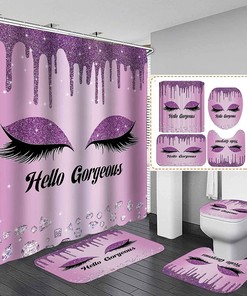 Luxury Jewelry Bling Rhinestone Purple Shower Curtain with Dripping Glitter Eyelash Eyeshadow Makeup Design for Glam Bathroom Decor