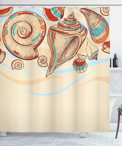 Macro Seashells Shower Curtain, Coral Marine Mollusk Cloth Bathroom Decor, Cream Red Teal