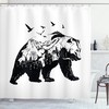 Mammal Silhouette Mountain Landscape Shower Curtain, Forest Wildlife Design Cloth Bathroom Decor in Black White