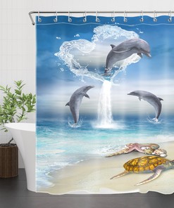 Marine Animal Sea Turtle and Dolphin Shower Curtain for a Tropical Bathroom