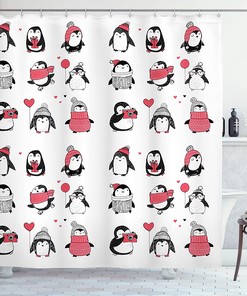 Merry Christmas Penguin Shower Curtain, Hand Drawn Holiday Penguin Illustration, Cloth Bathroom Decor, White and Pink