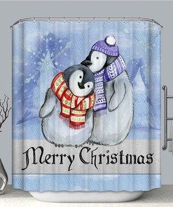 Merry Christmas Watercolor Penguin Green Shower Curtain for Holiday Bathroom Decor