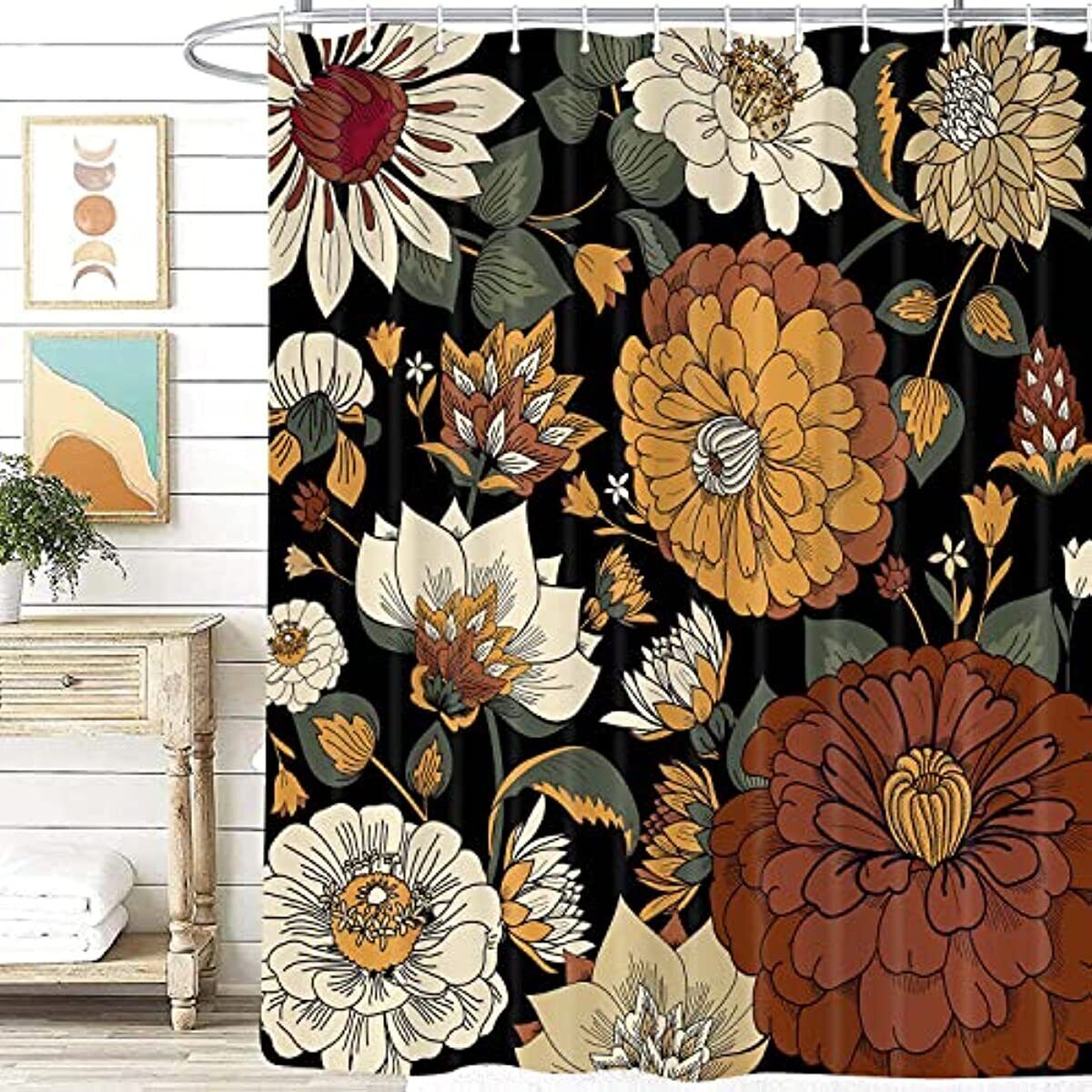 Mid Century Flowers Boho Shower Curtain Boho Botanical Design for