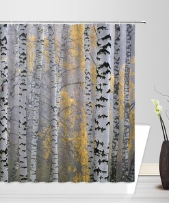 Misty Bokeh Birch Tree Forest Shower Curtain for a Romantic Country Autumn Bathroom Decor