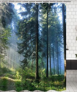 Misty Forest Sunshine Trees Fabric Bathroom Shower Curtain - Durable Waterproof