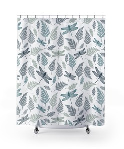 Modern Bohemian Botanical Shower Curtain with Fern and Dragonfly for Bathroom Decor