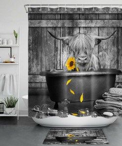 Modern Farmhouse Highland Cow Sunflower Shower Curtain for a Chic and Fun Bathroom