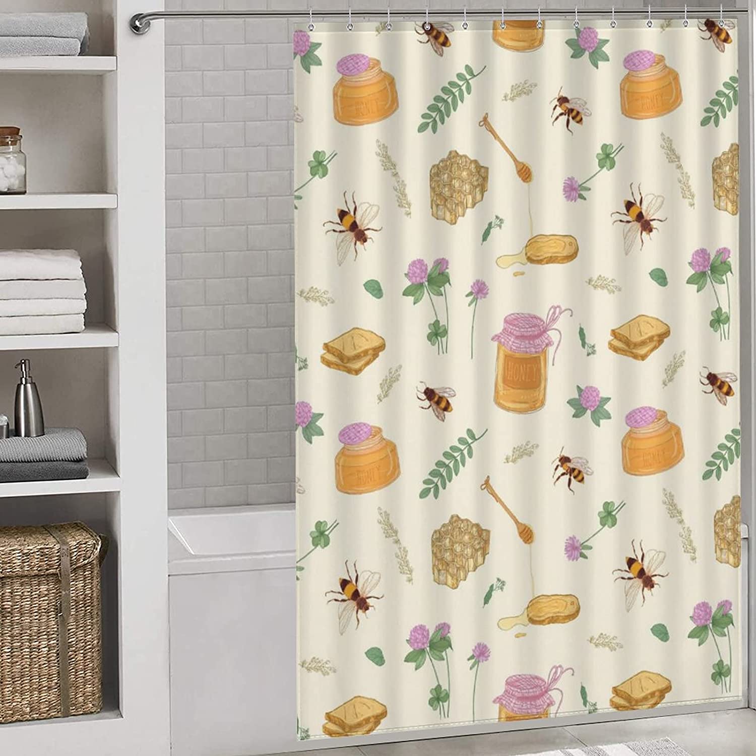 Modern Honey Bees Flowers Shower Curtain with Waterproof Fabric for