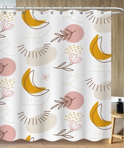 Modern Shower Curtain with Abstract Plant and Moon Design, Minimalist Bathroom Decor - Bathroom Curtain