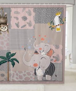 Monkey, Birds, and Elephant Cartoon Shower Curtain - Pink Geometric for Bathroom Stalls