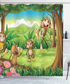 Monkey Dot Shower Curtain, Featured Fun Digital Little Rounds Portrait, Bathroom Curtain