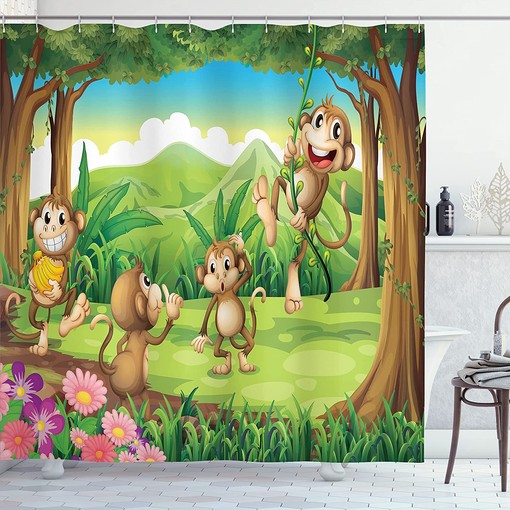 Monkey Dot Shower Curtain, Featured Fun Digital Little Rounds Portrait, Bathroom Curtain