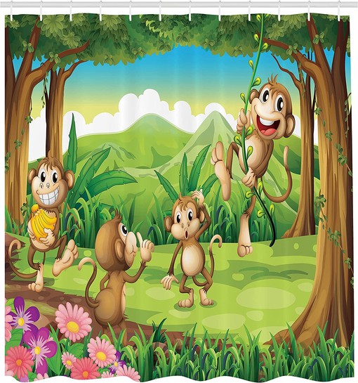 Monkey Dot Shower Curtain, Featured Fun Digital Little Rounds Portrait, Bathroom Curtain - Image 2