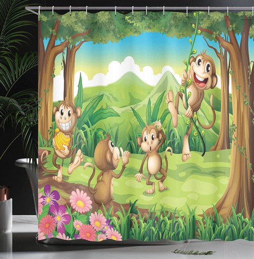 Monkey Dot Shower Curtain, Featured Fun Digital Little Rounds Portrait, Bathroom Curtain - Image 3