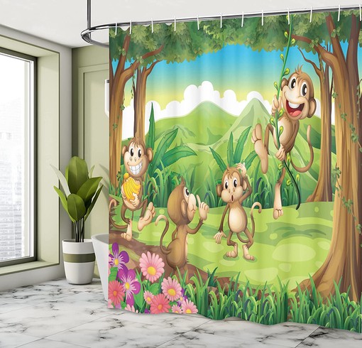 Monkey Dot Shower Curtain, Featured Fun Digital Little Rounds Portrait, Bathroom Curtain - Image 4
