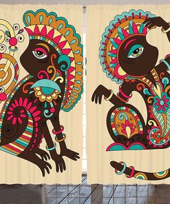 Monkey Posing Tribal Curtains, Wildlife Creatures Patterns Print, Living Room Decor