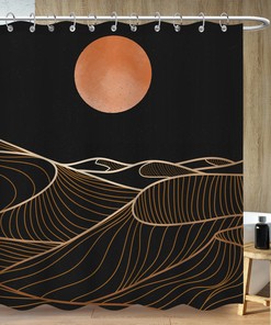 Moon and Abstract Line Design Shower Curtain, Minimalist Black Bathroom Decor - Bathroom Curtain