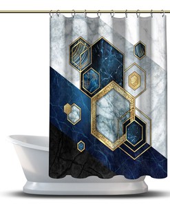 Multidimensional Hexagonal Marble Blue Printed Shower Curtain for Modern Bathroom Decor