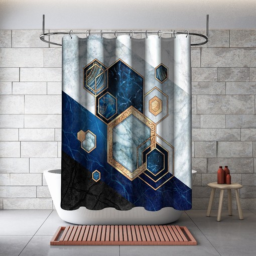 Multidimensional Hexagonal Marble Blue Printed Shower Curtain for Modern Bathroom Decor - Image 2