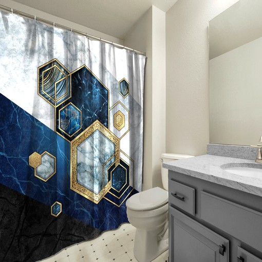 Multidimensional Hexagonal Marble Blue Printed Shower Curtain for Modern Bathroom Decor - Image 3