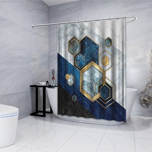 Multidimensional Hexagonal Marble Blue Printed Shower Curtain for Modern Bathroom Decor - Image 4