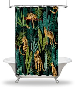 Multidimensional Leopard and Tropical Forest Animal Print Shower Curtain for Bathroom Decorations