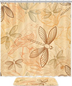 Natural Birds and Dragonfly Waterproof Shower Curtain for Bathroom Decoration