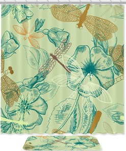 Natural Flowers and Dragonfly Shower Curtain with Microfiber Accents - Natural Bathroom Decor
