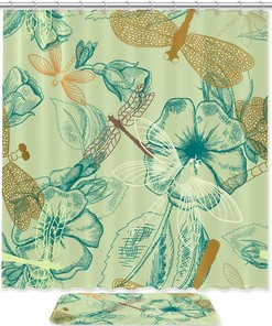 Natural Flowers and Dragonfly Waterproof Shower Curtain for Bathroom Decoration