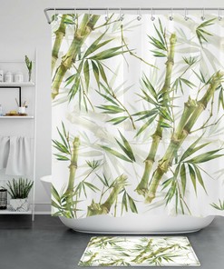 Natural Fresh Bamboo Abstract Green Leaf Plant Shower Curtain for Vintage Bathroom Decor