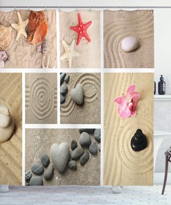 Natural Sandstone Nautical Ocean Shower Curtain, Collage of Seashells and Starfishes, Bathroom Decor