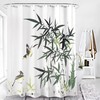 Nature-themed Bathroom Shower Curtain with Bamboo Shoots and Bird Ink Painting