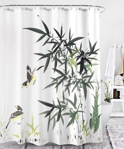 Nature-themed Bathroom Shower Curtain with Bamboo Shoots and Bird Ink Painting