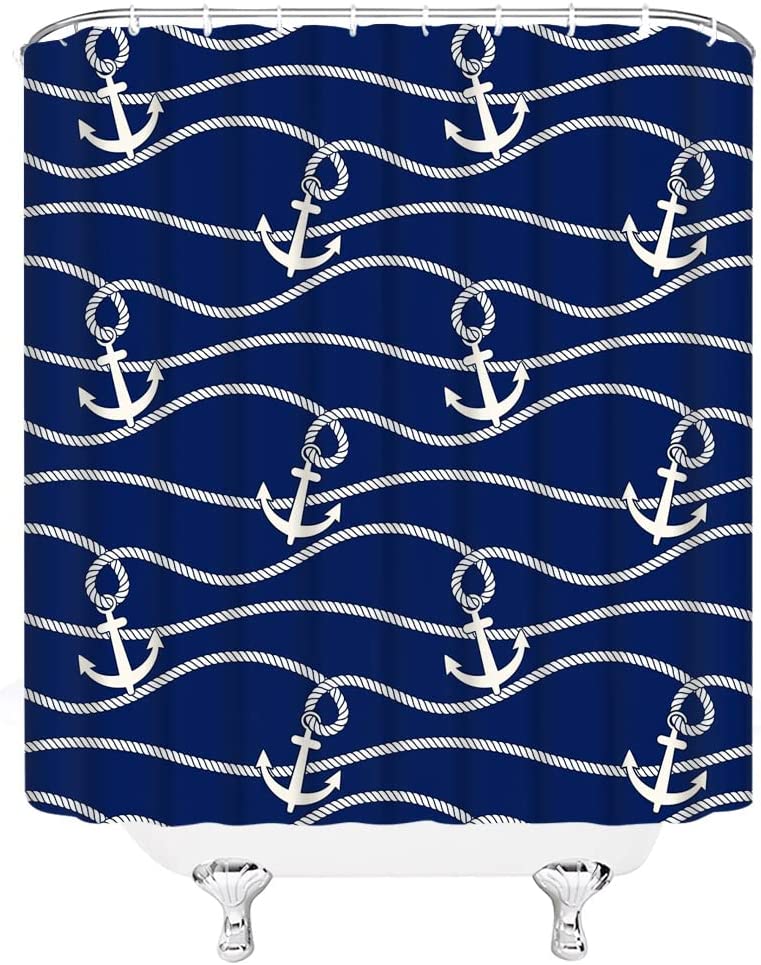 Nautical Anchor Shower Curtain White Navy Blue Ocean Marine Sea Lovers Boys Adventure Bath